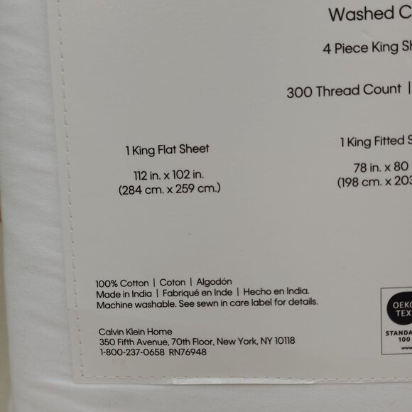 Calvin Klein Washed Cotton 4 Piece King Sheet Set 300 Thread Count White - Picture 7 of 8